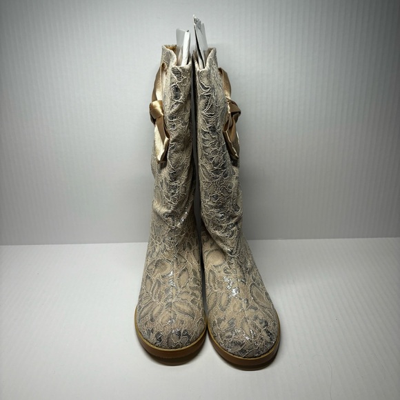 Joan Boyce - Gold Lace Bow Knee-High Women’s Boots - Picture 2 of 7